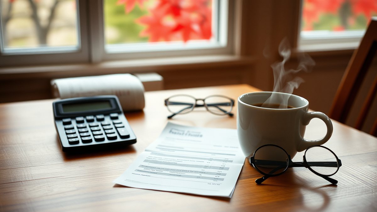 Une calculatrice, un relevé bancaire, des lunettes et une tasse de café sur une table de cuisine, en automne.