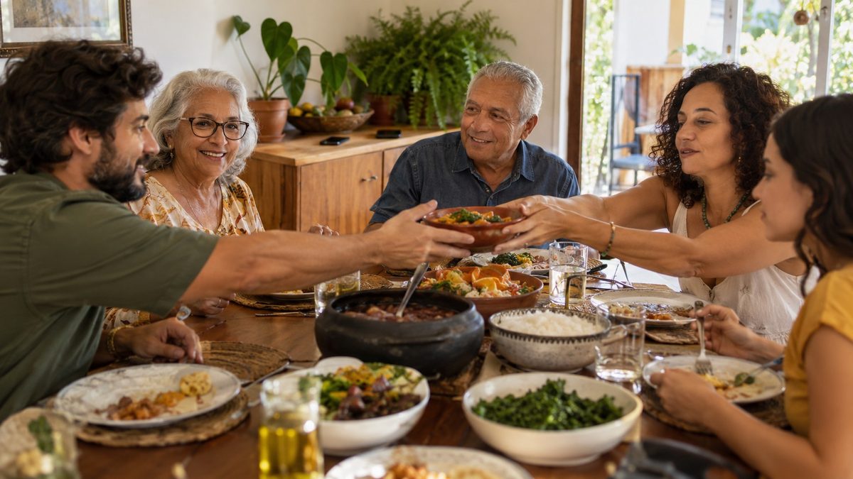 Cinq adultes de générations différentes partagent un repas dans une maison brésilienne reconstituée.