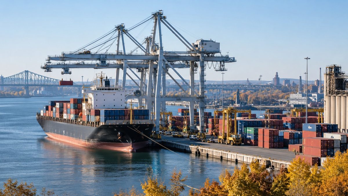 Navire, conteneurs et grues dans une scène portuaire inspirée de Montréal.