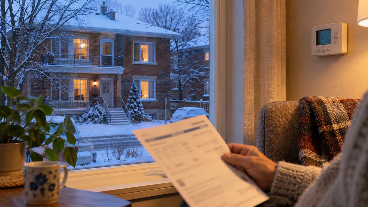 Un thermostat et une facture au premier plan, devant une maison québécoise enneigée.