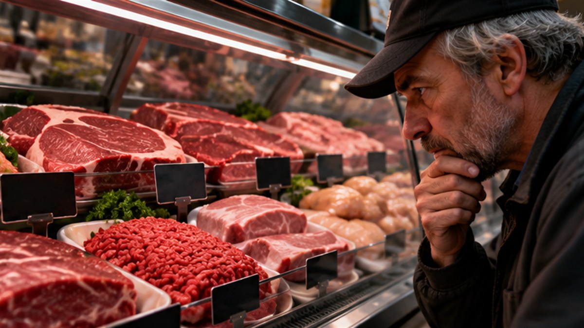 Un homme au comptoir d’une boucherie regarde les pièces de viande exposées.