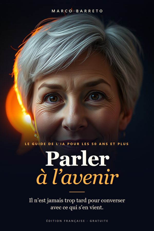 Couverture du livre Parler à l’avenir, de Marco Barreto : le portrait d’une femme aux cheveux argentés, éclairée par une bulle de conversation lumineuse