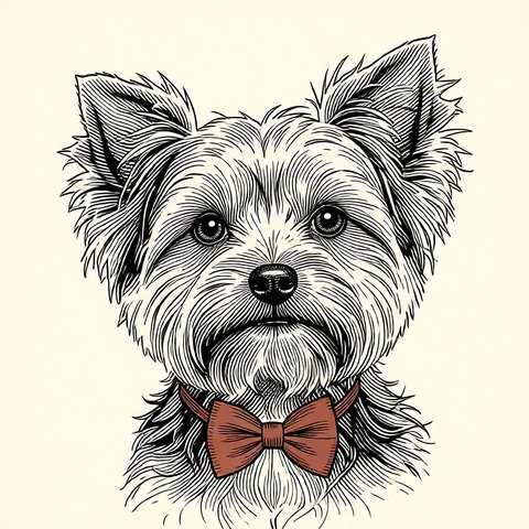 Illustration de Mike, un yorkshire-terrier dessiné à l’encre, portant un nœud papillon rouge